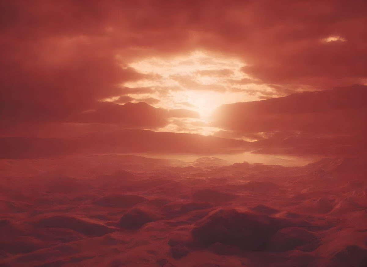 Surreal Reddish Landscape at Sunset with Misty Mountains