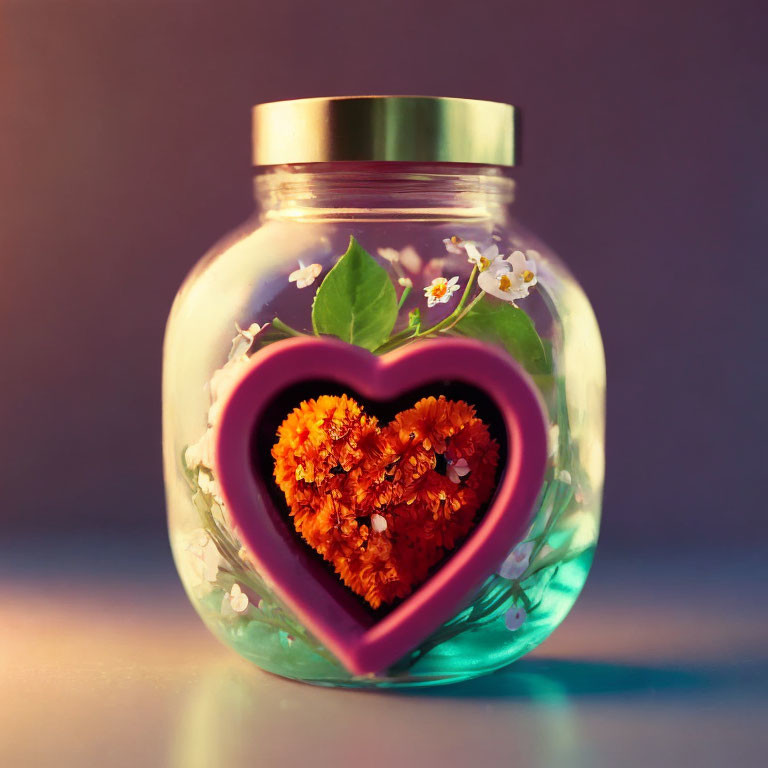 Glass jar with heart-shaped opening, orange flowers, white flowers, green leaf on purple background