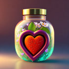 Glass jar with heart-shaped opening, orange flowers, white flowers, green leaf on purple background