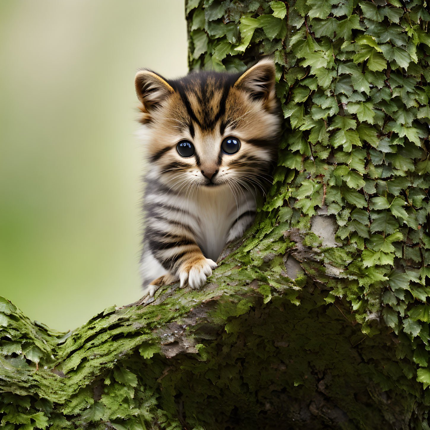 Striped kitten hides behind moss-covered tree in image