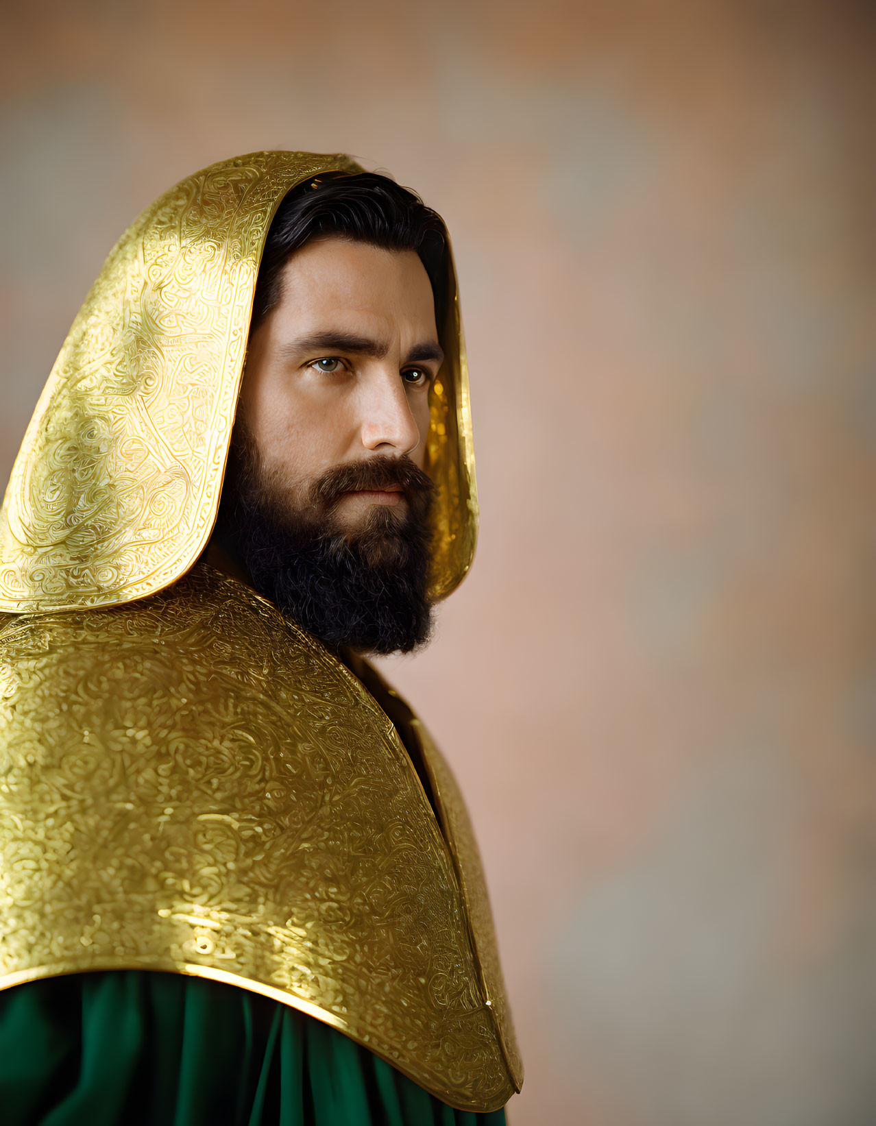 Bearded Man in Green Robe with Gold-Patterned Hood