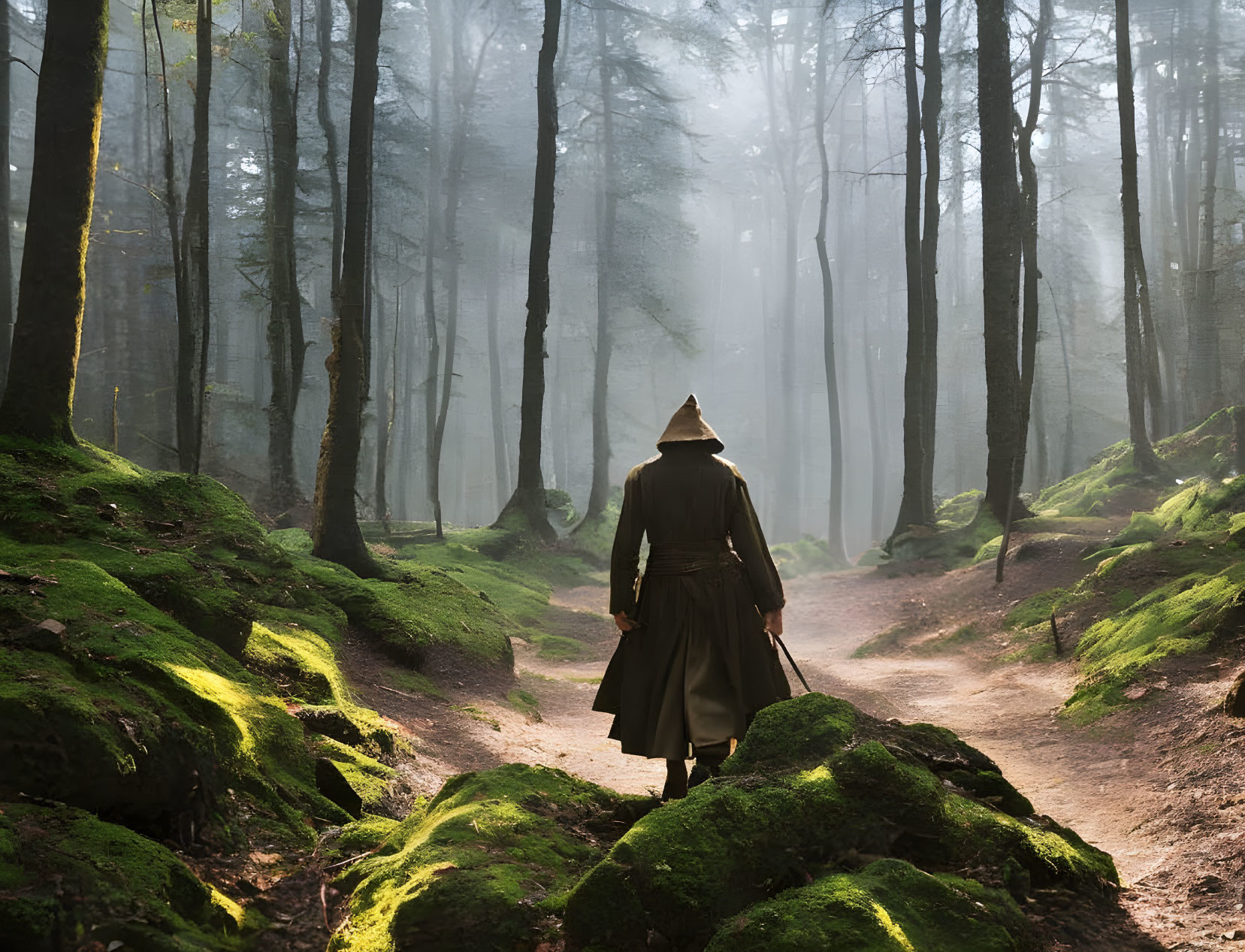 Person in cloak and hat walking in misty forest with moss-covered ground