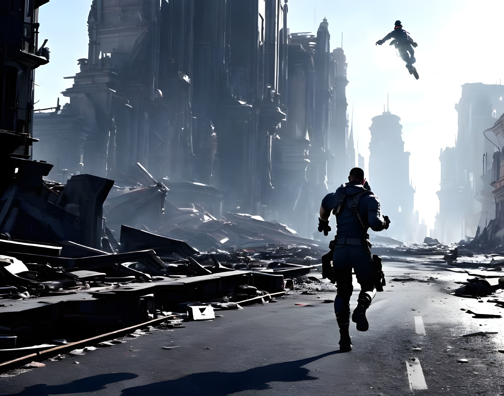 Person running in futuristic cityscape with ruins and hovering figure