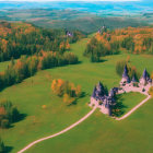 Scenic green forest landscape with dirt paths and rocky outcrops