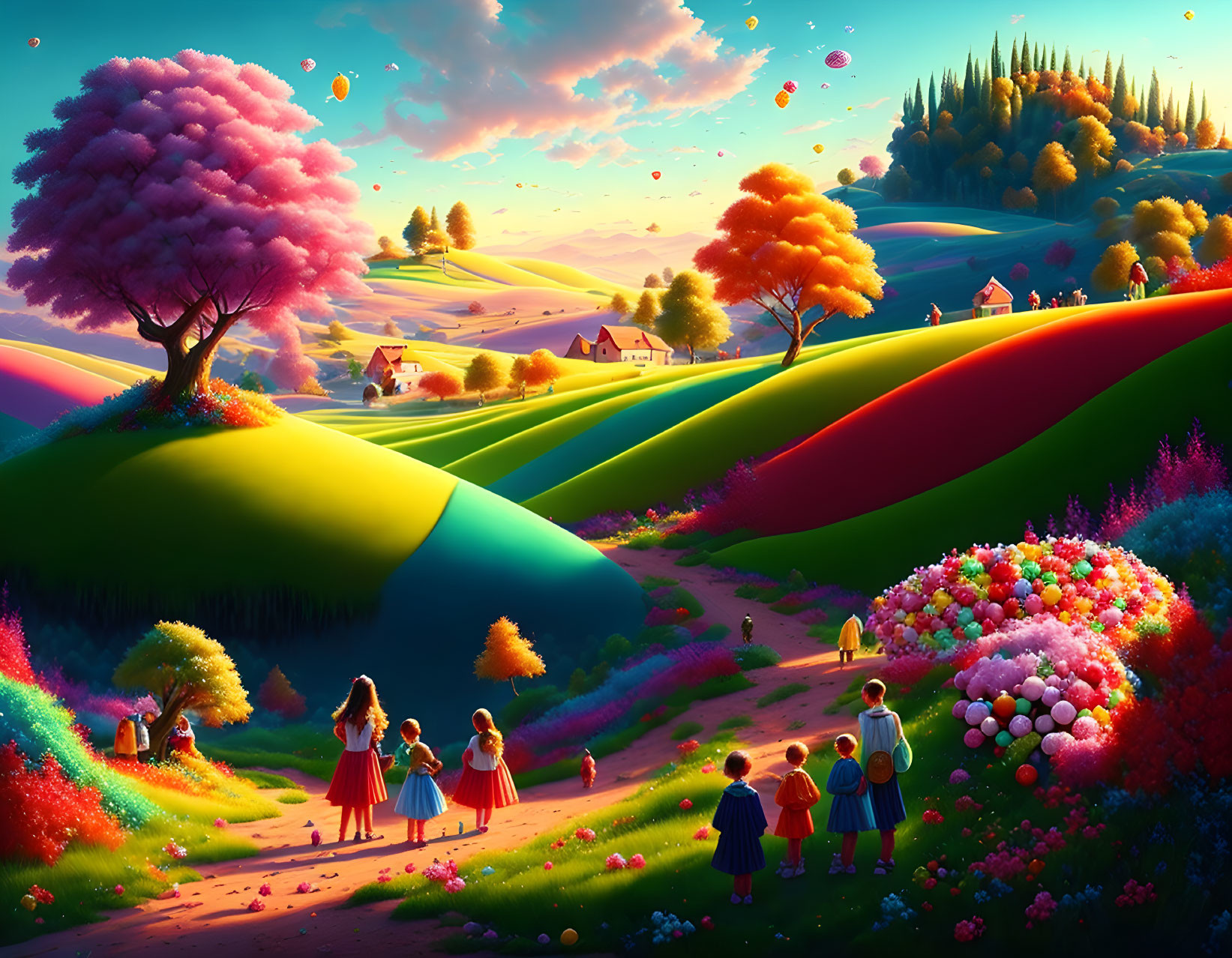 Vibrant landscape with colorful hills, whimsical trees, and children under vivid sunset sky