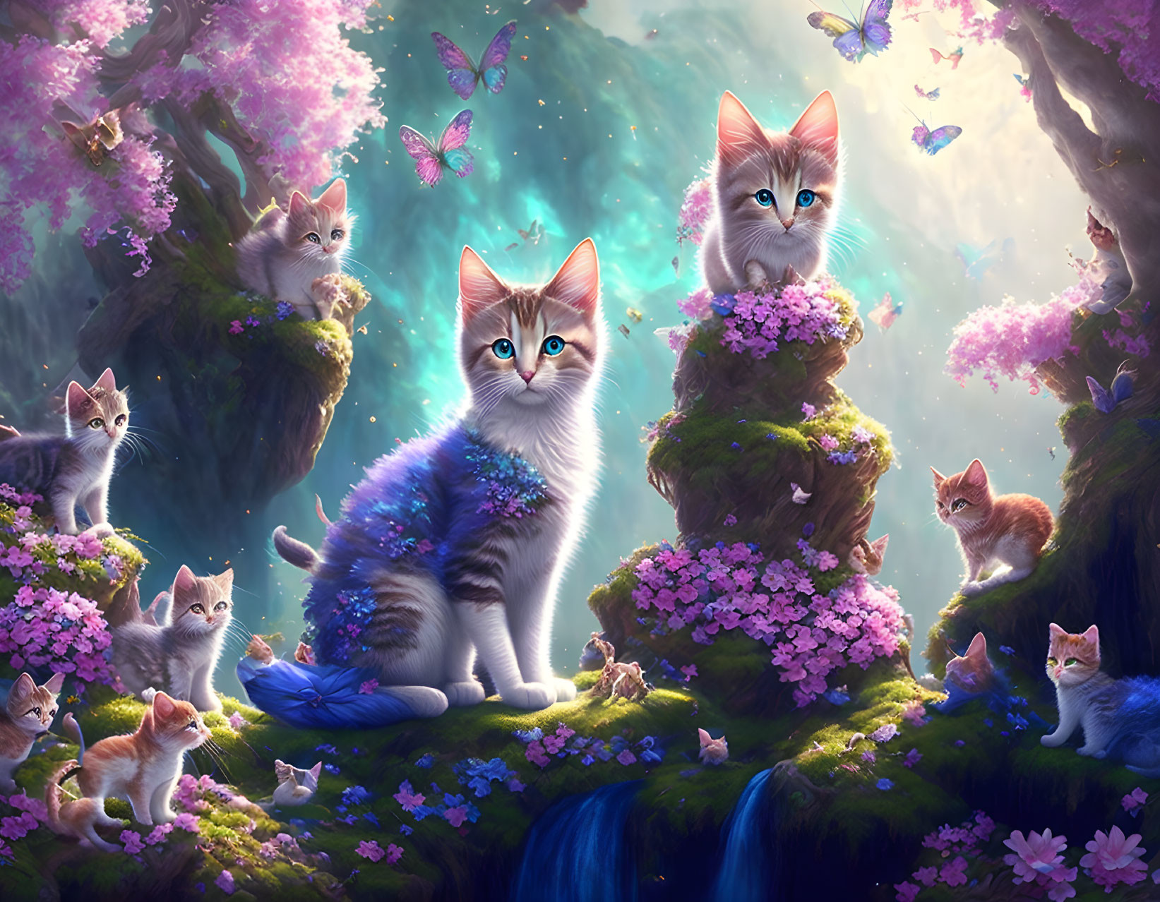 Fantasy landscape featuring cats, pink blossoms, butterflies, and a serene waterfall in an ethereal