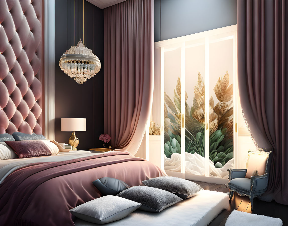 Elegant Bedroom with Pink Headboard, Chandelier, Nature View, and Stylish Bedding