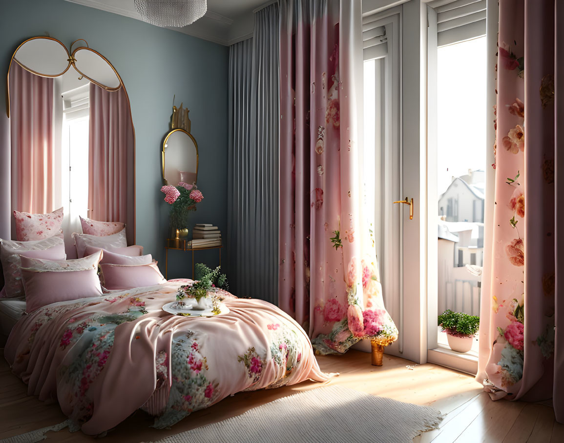 Floral Bedspread Bedroom with Pink Curtains & Greenery