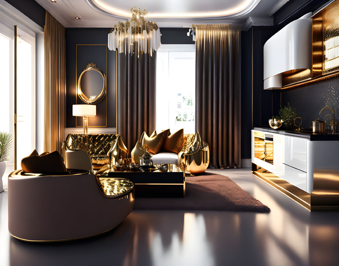 Elegant Gold and Navy Blue Living Room Decor with Modern Furniture