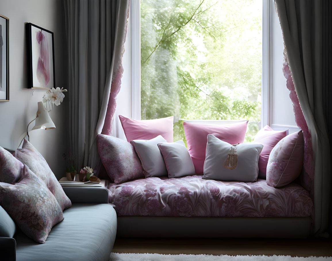 Cozy window seat with pink cushions and leafy view.