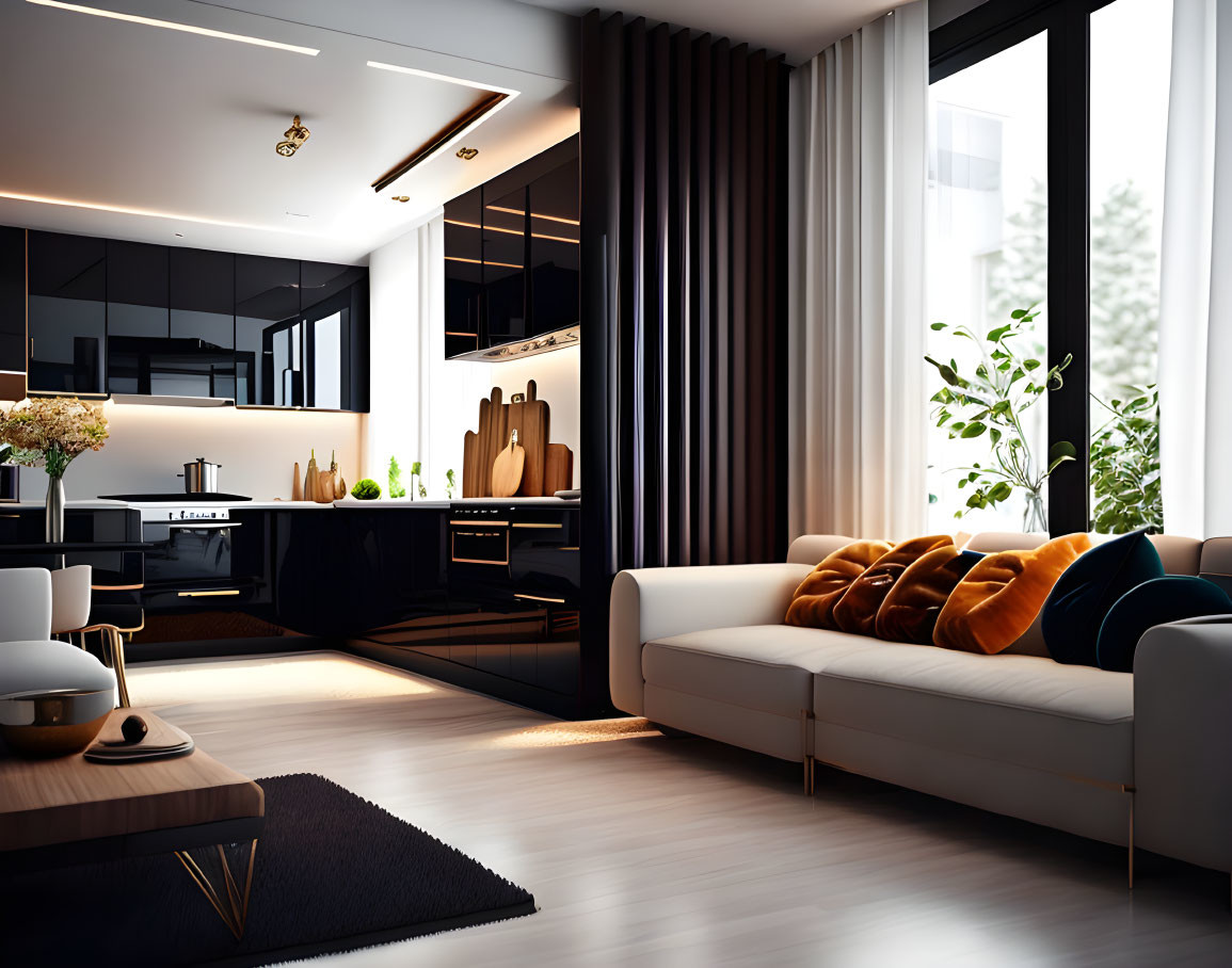 Contemporary Kitchen with Black Cabinets and White Couch in Living Area