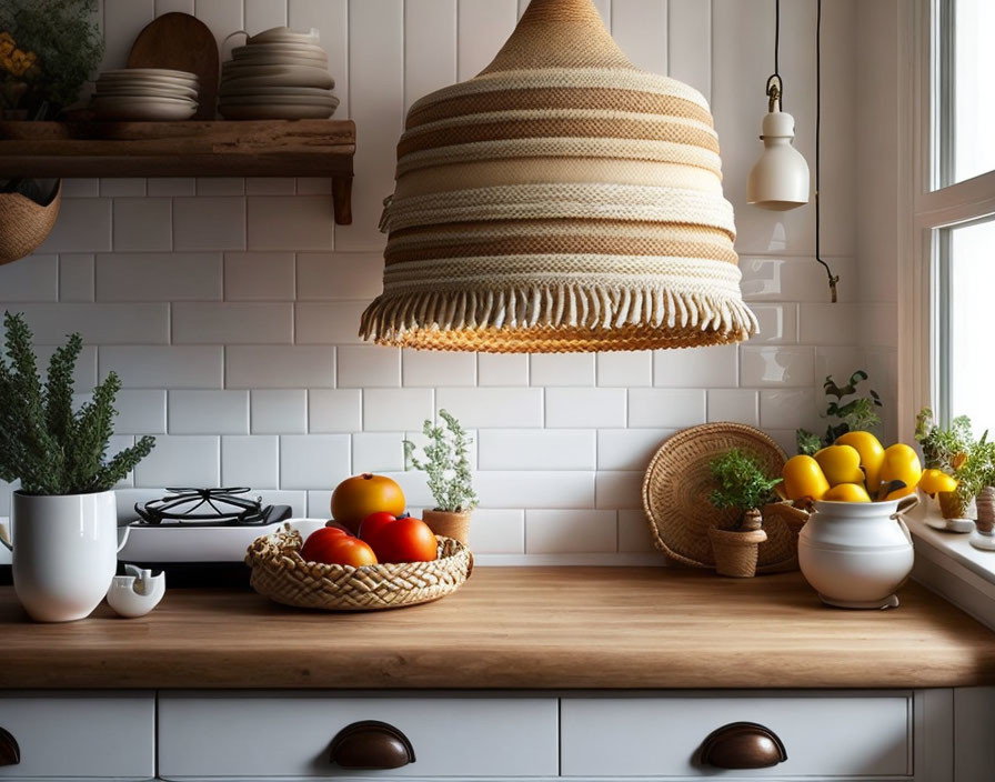 Kitchen interior with pendant light, subway tiles, wooden counter, herbs, and citrus fruits