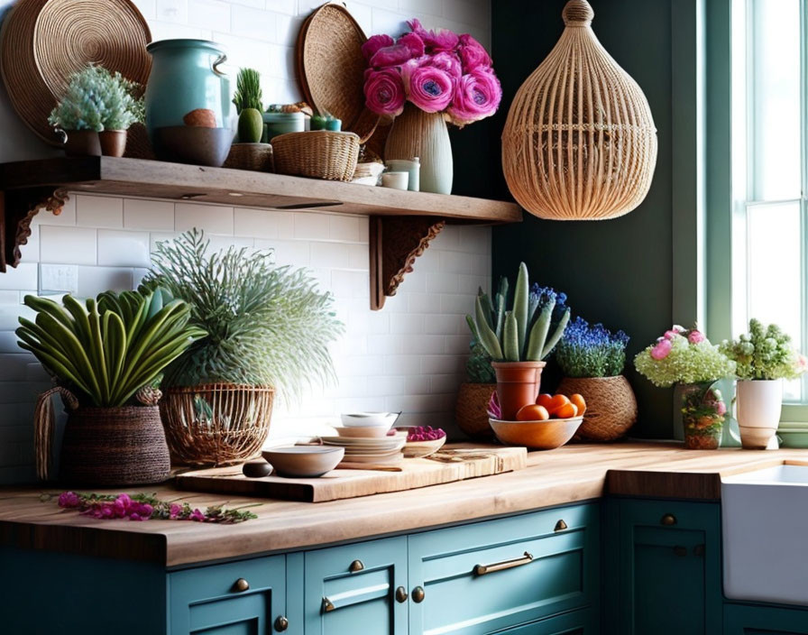 Vibrant kitchen with teal cabinets, wooden countertops, rustic decor & bright flowers