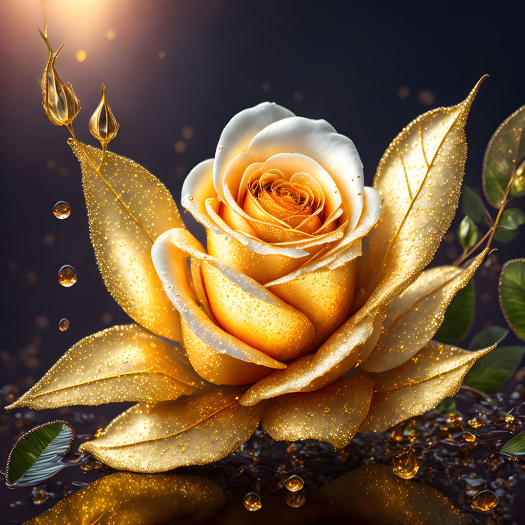 Golden Rose with Glittering Petals in Falling Water Droplets on Dark Background