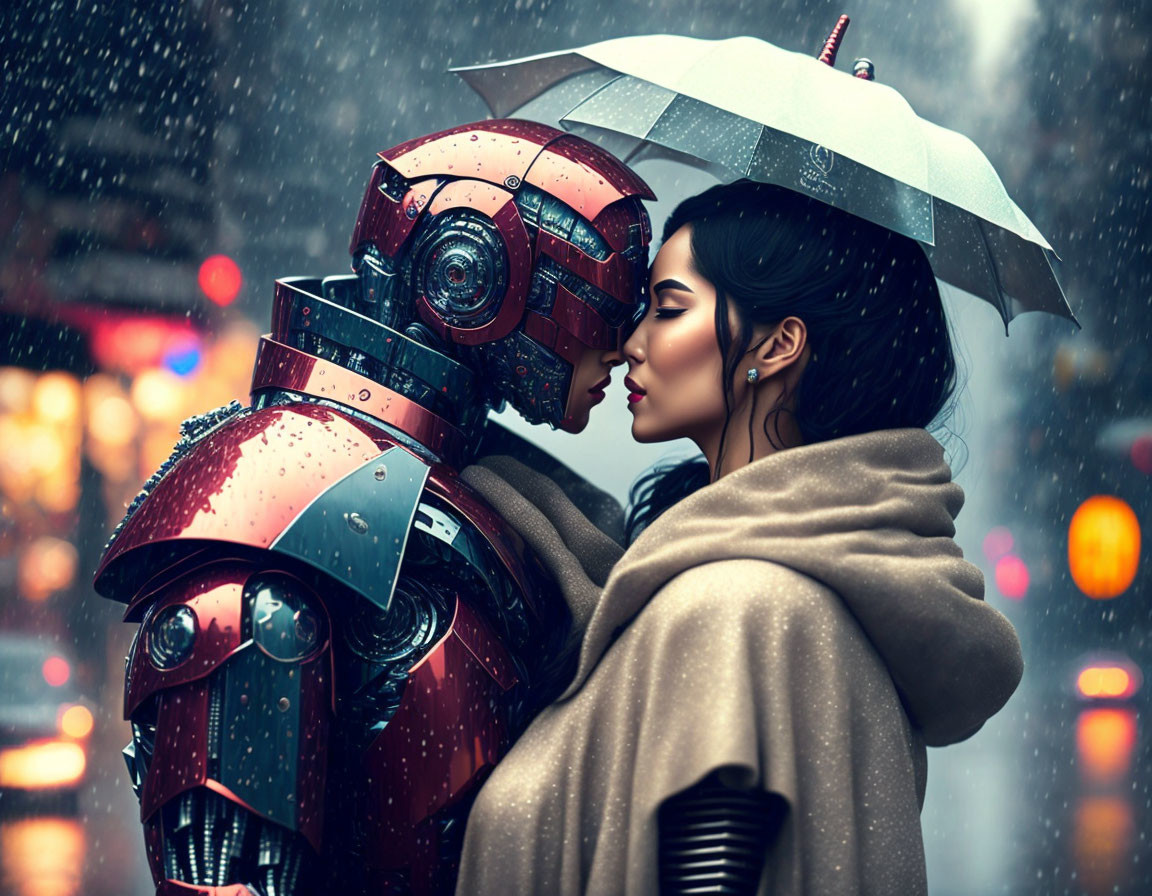 Woman with umbrella embraces robot in futuristic urban setting