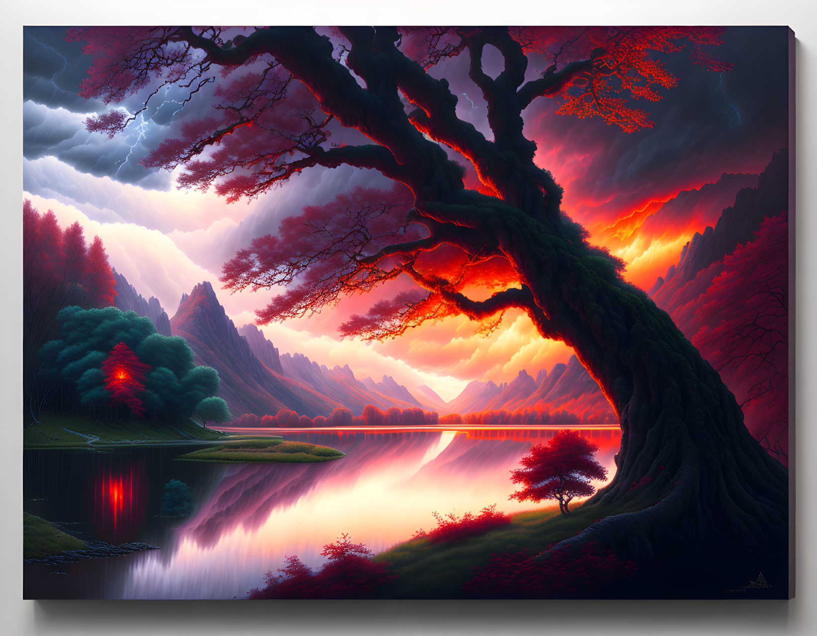 Scenic sunset landscape with old tree, lake, mountains, and cloudy sky