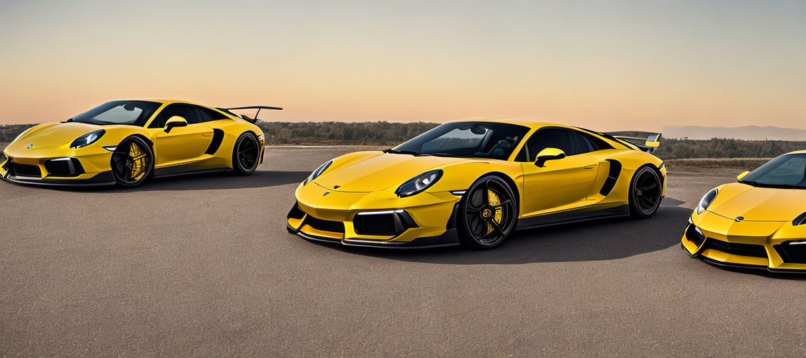 Three Yellow Sports Cars Parked on Open Road at Sunset