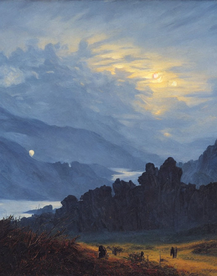 Tranquil evening landscape with mountains and setting sun glow