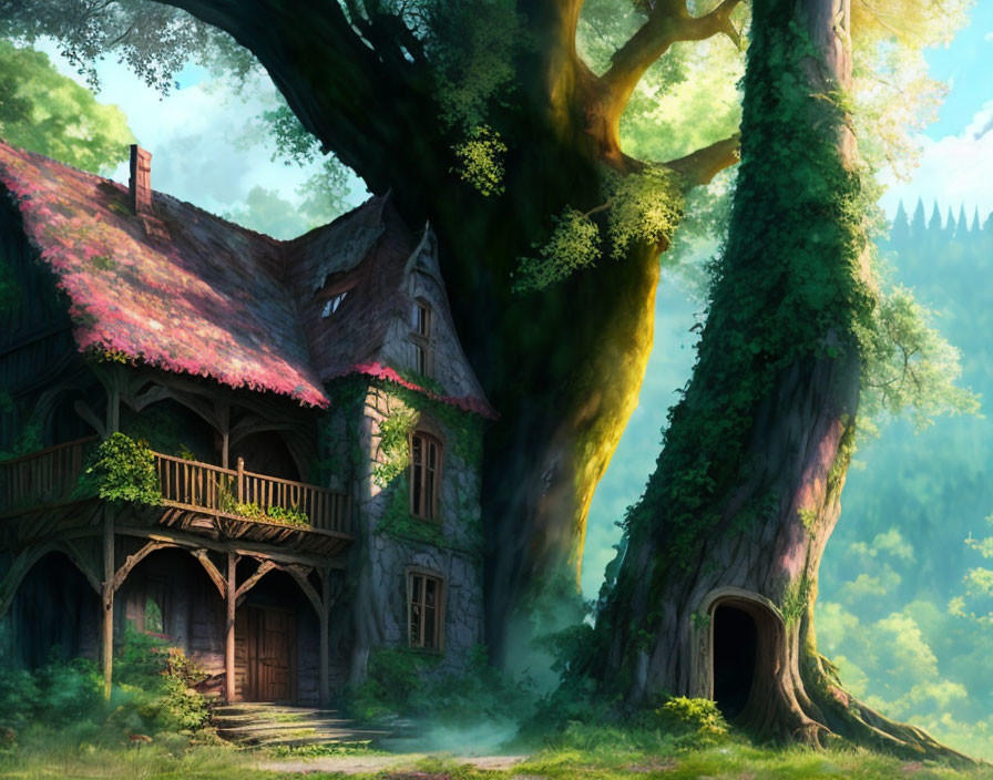 Enchanting woodland cottage beside massive tree in sunlit fantasy scene