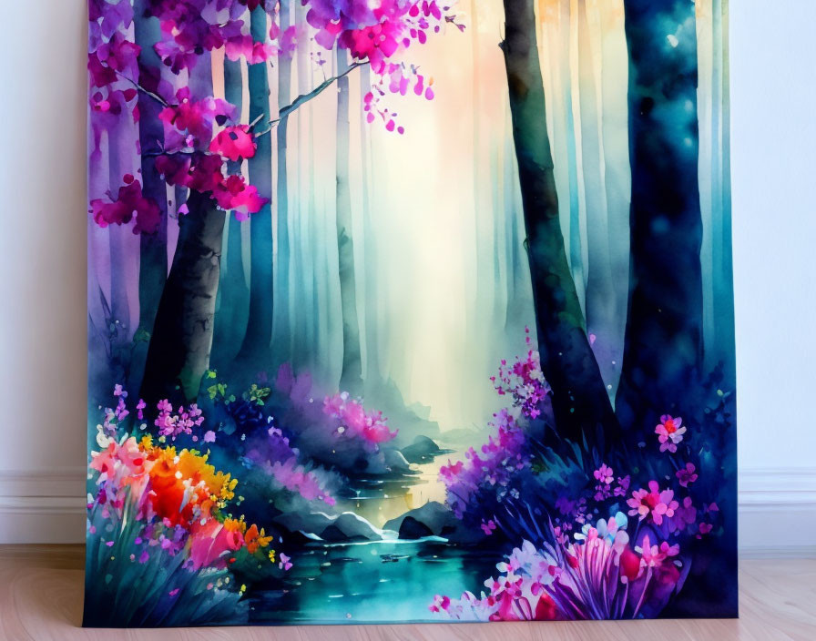 Colorful Canvas Painting of Mystical Forest with Stream and Flowers