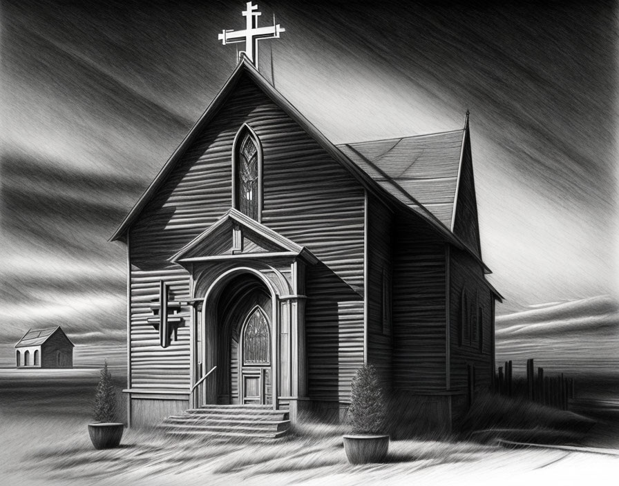 Monochrome pencil-sketch of wooden church with cross against dramatic sky