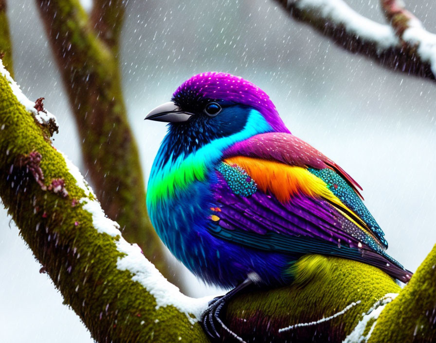 Colorful bird perched on branch in snowfall