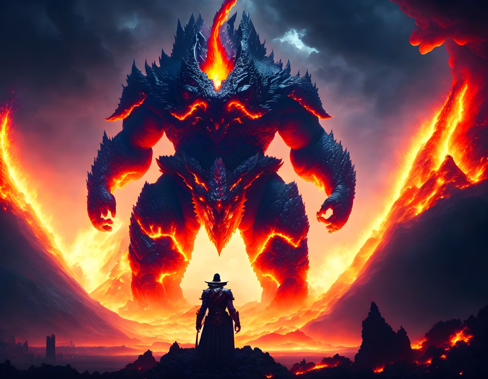 Fiery monster confronts lone figure in volcanic landscape