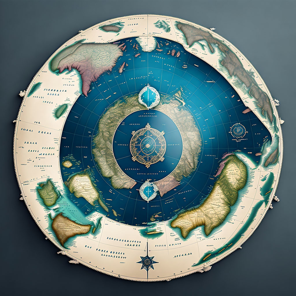 Circular Earth map with antique hues and compass designs blending vintage nautical elements.