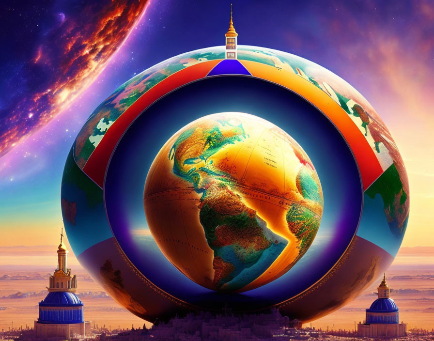 Artwork: Spherical Earth with iconic buildings in cosmic desert scene