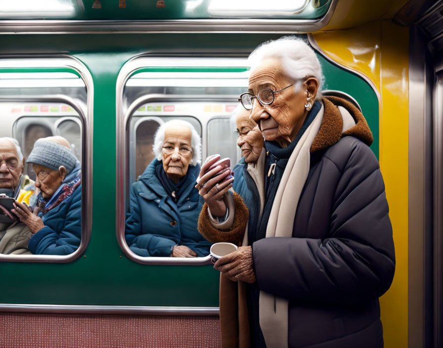 Elderly passengers on subway: one with headphones, others chatting and gazing.