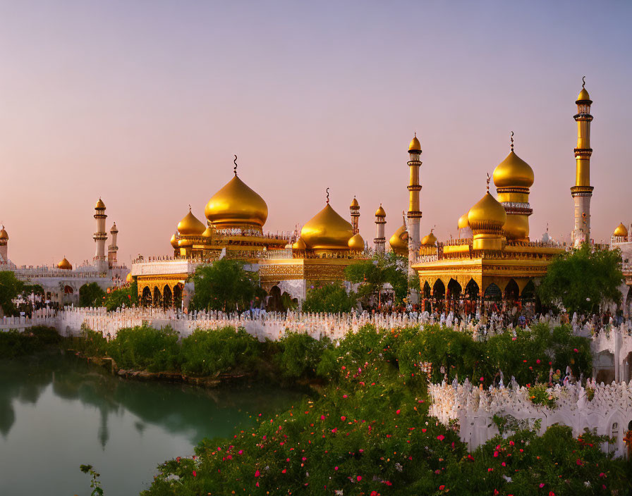 Golden domed mosque by water at dusk with visitors & greenery