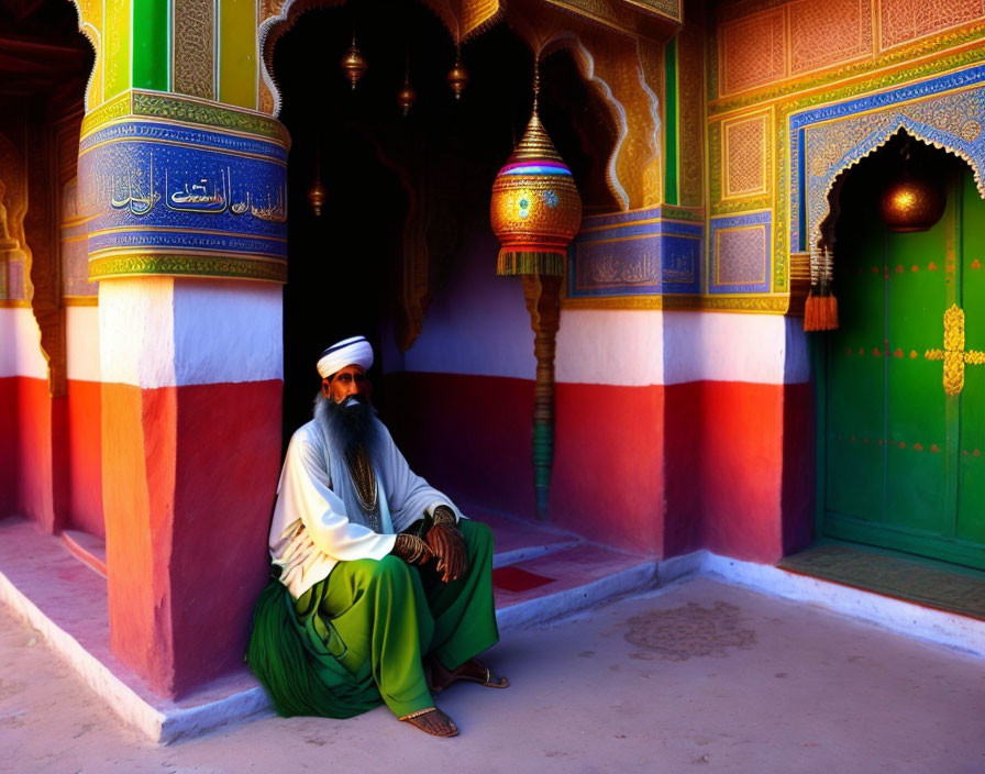 Traditional Attire Man in Vibrant Islamic Architectural Setting