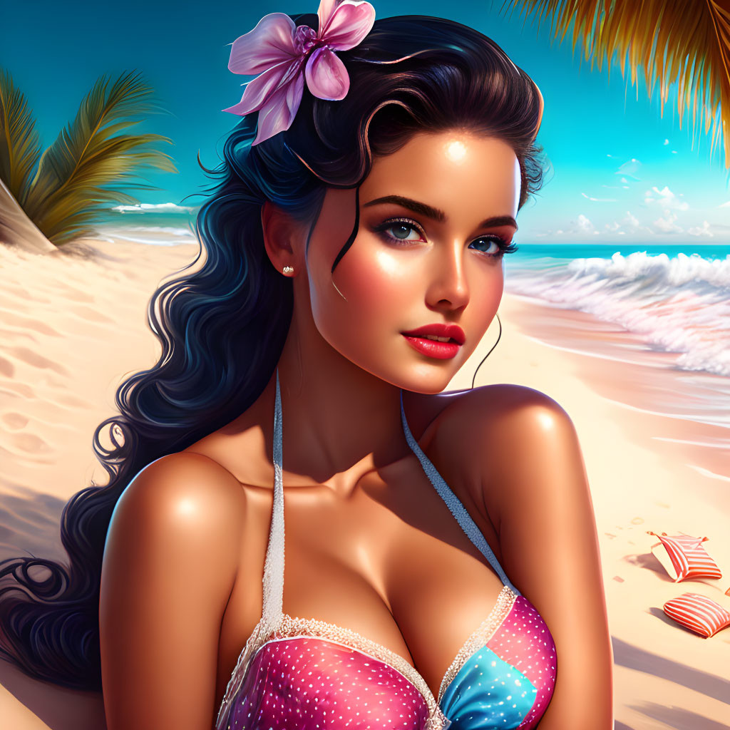 Digital artwork of woman with dark hair, flower in hair, polka dot bikini, tropical beach backdrop