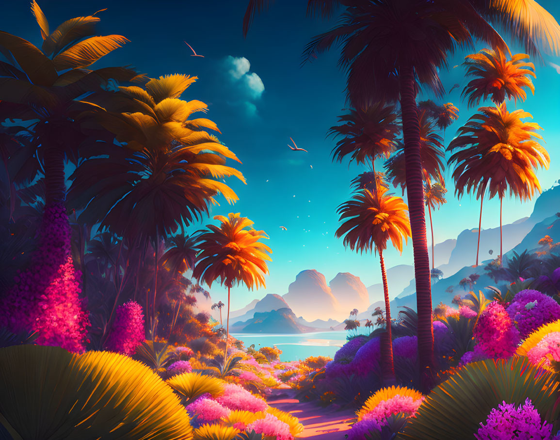 Colorful Tropical Landscape with Palm Trees and Beach at Sunset