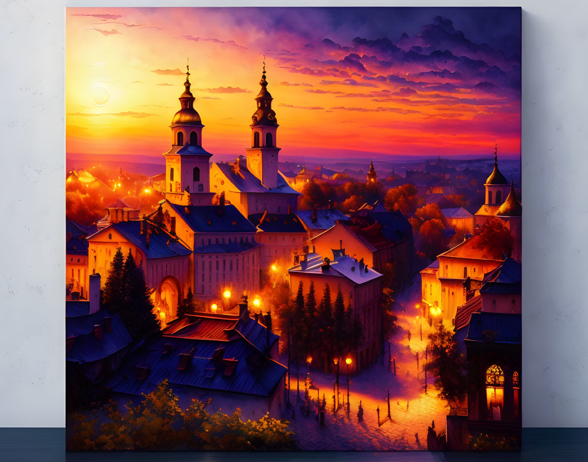 Tranquil European town at twilight with illuminated streets and historical buildings