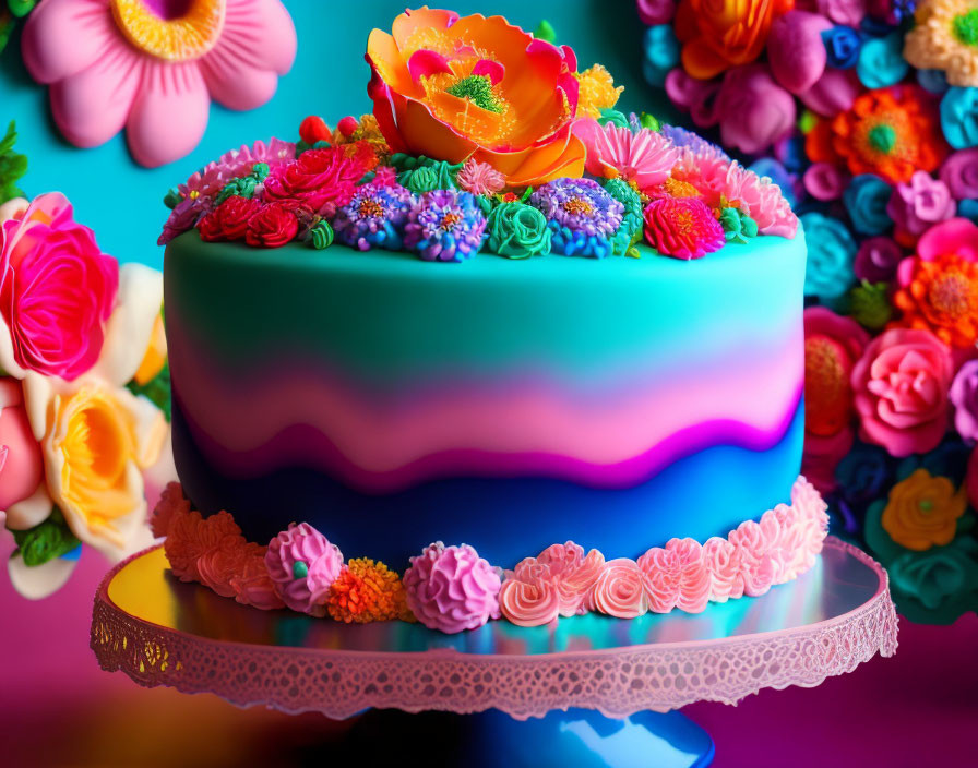 Colorful Cake with Teal and Purple Waves and Icing Flowers