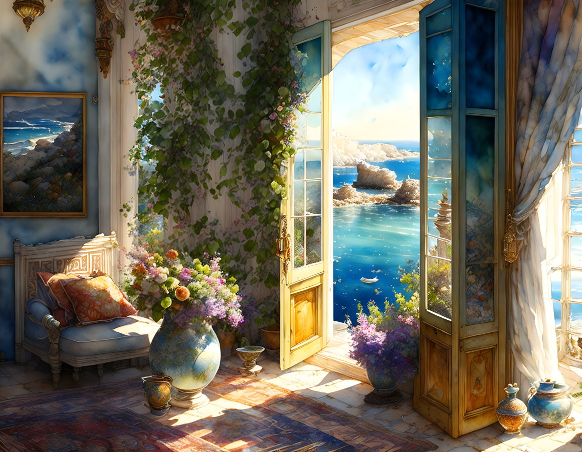 Bright sunlit room with seaside view, ivy, cozy chair, flowers, and vases