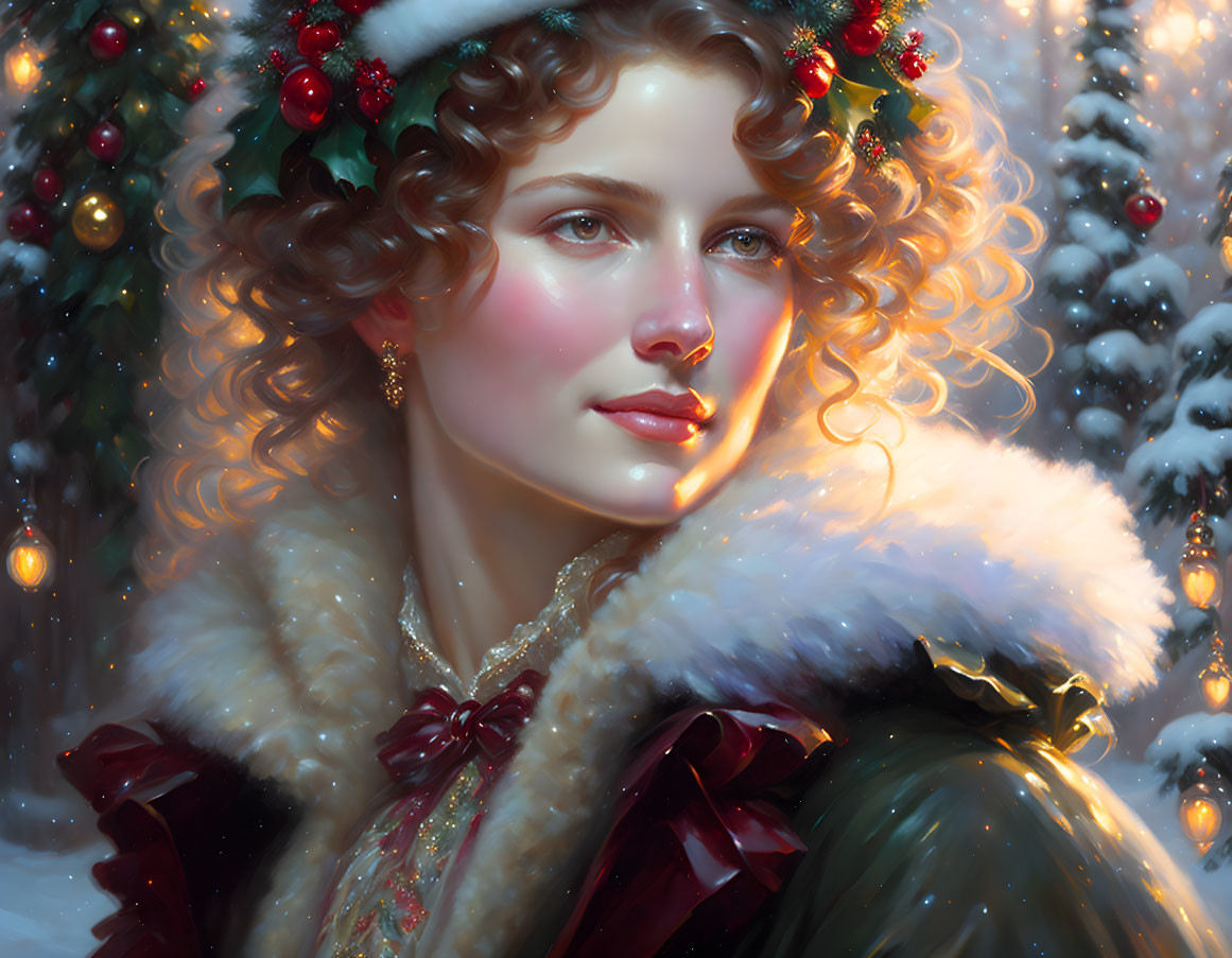 Curly-haired woman in festive wreath and fur cloak in snowy scene