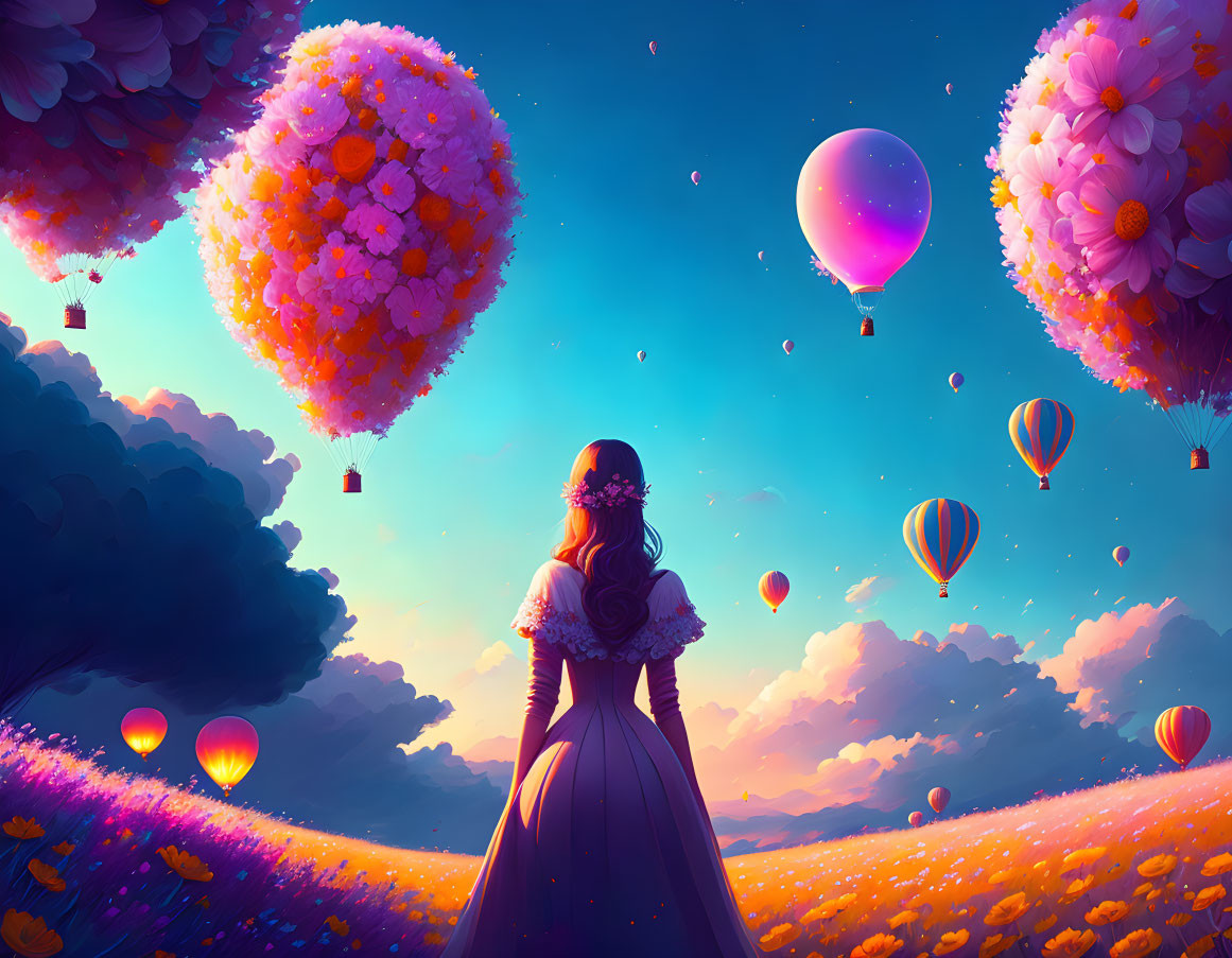 Woman in dress gazes at vibrant sky with flower bouquet hot air balloons in colorful, dreamlike landscape