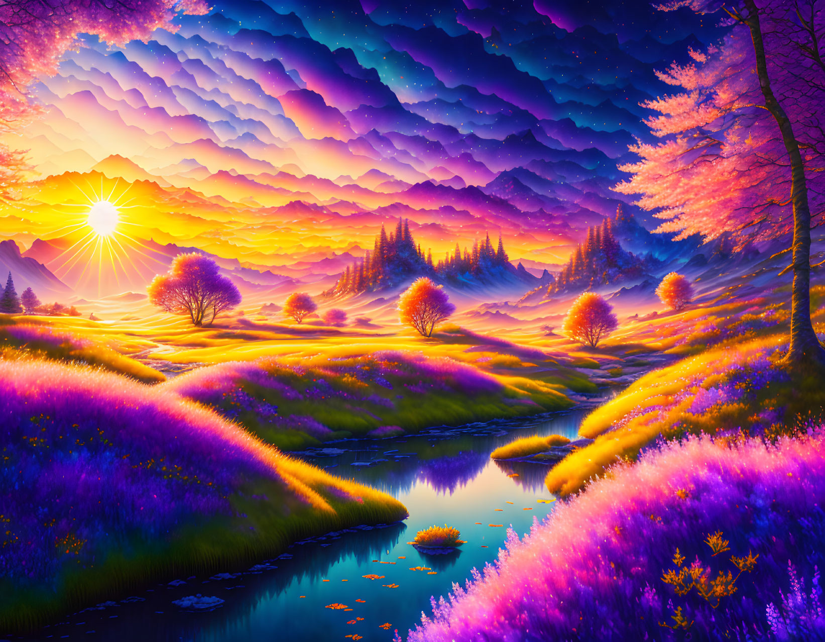 Scenic landscape with sunset, hills, purple flora, river, clouds, and starry sky