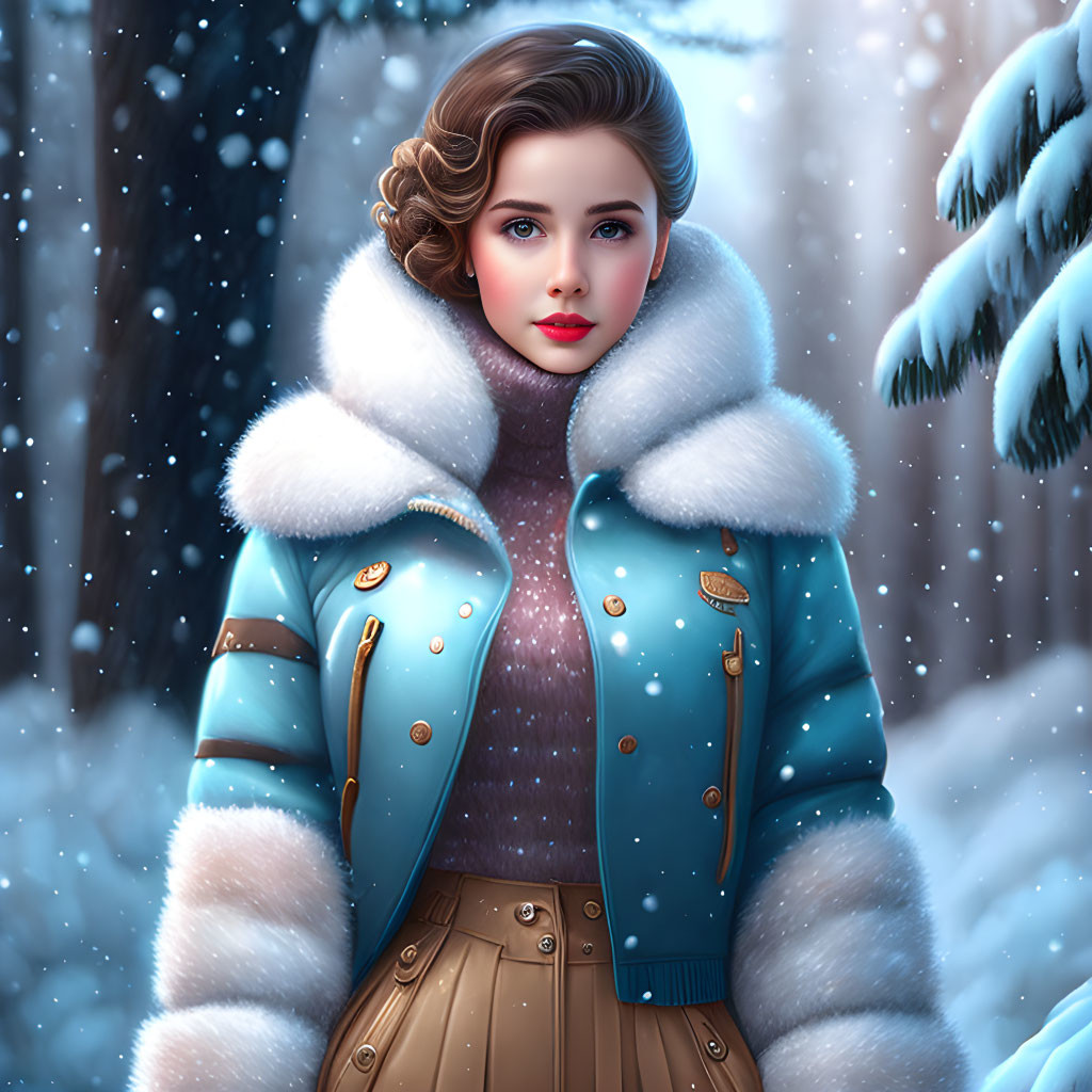 Vintage Hairstyle Woman in Blue Jacket Stands in Snowy Forest