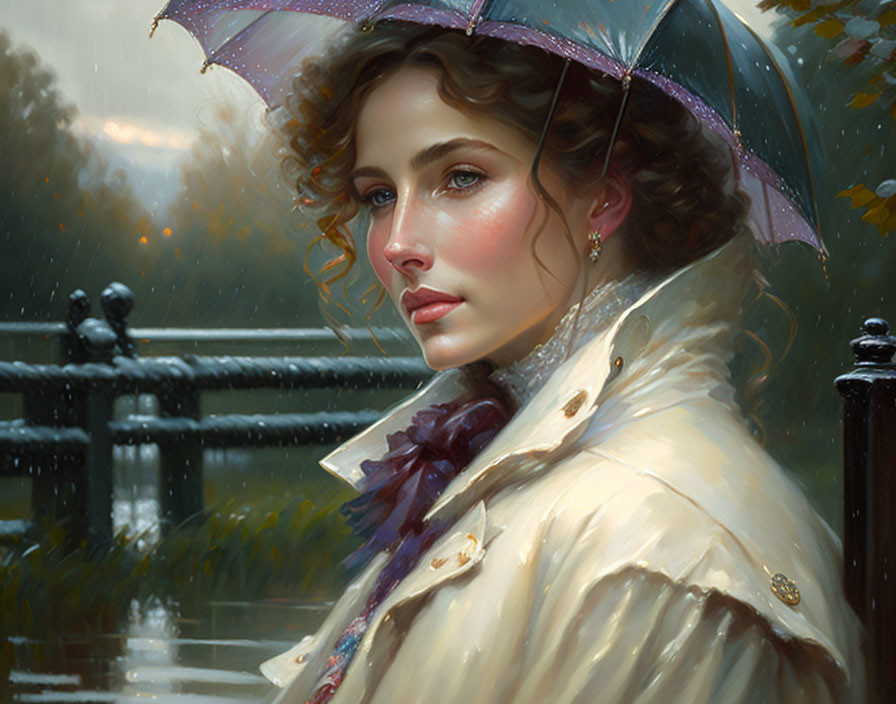 Vintage portrait of woman with umbrella and bridge backdrop