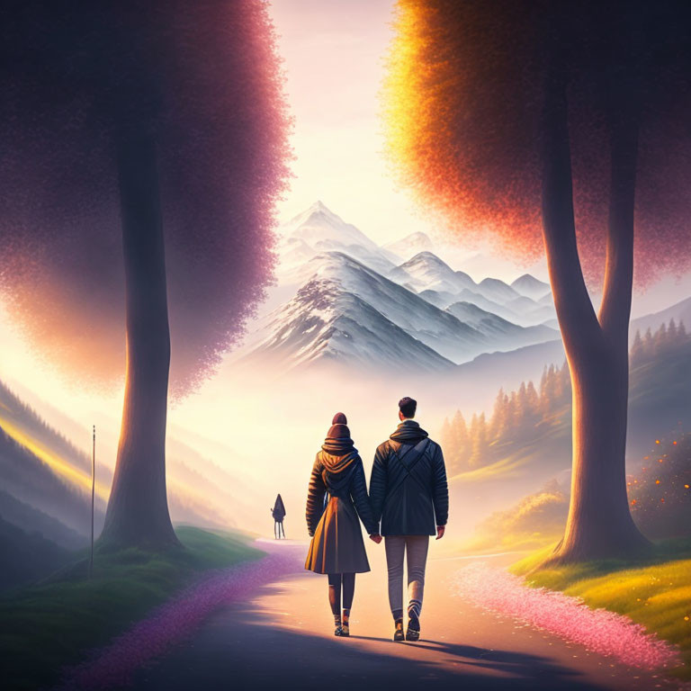 Serene couple holding hands on colorful tree-lined road with dog and mountains at sunrise or sunset