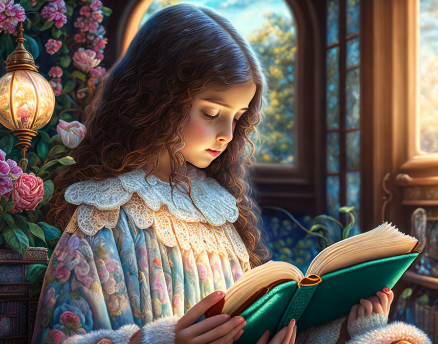 Young girl reading book in sunlight surrounded by flowers