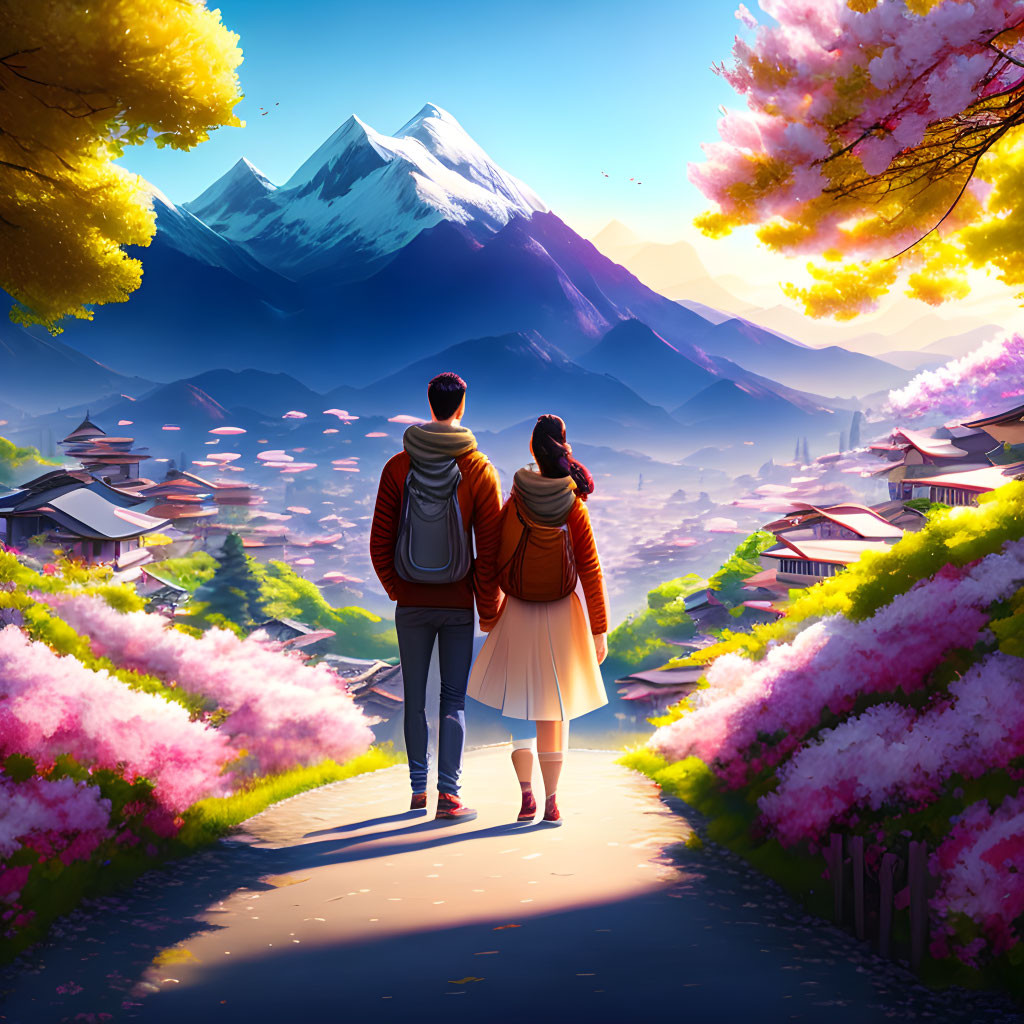 Couple walking through cherry blossom path with traditional houses and mountains.