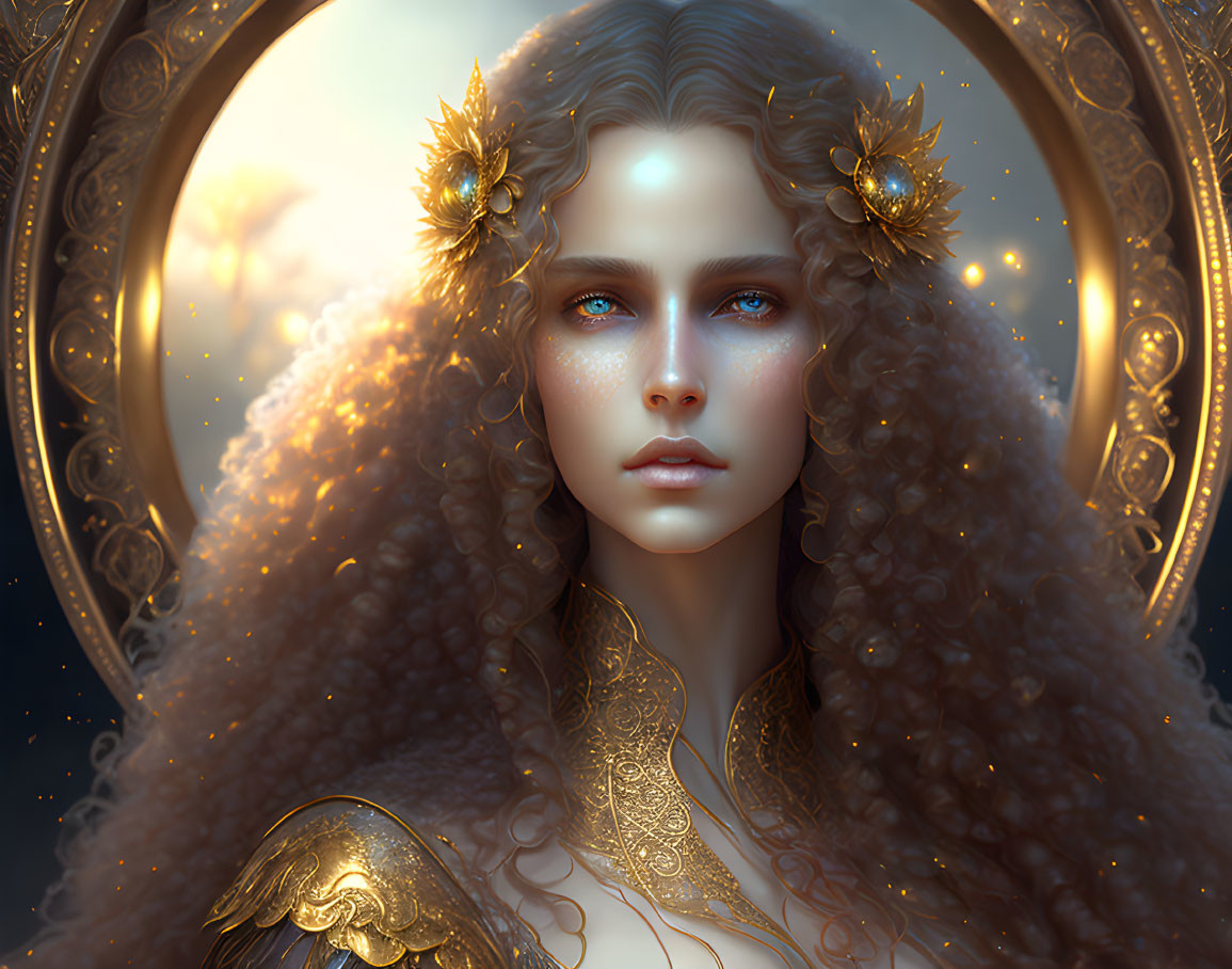 Portrait of woman with curly hair, blue eyes, and gold headpieces in glowing frame