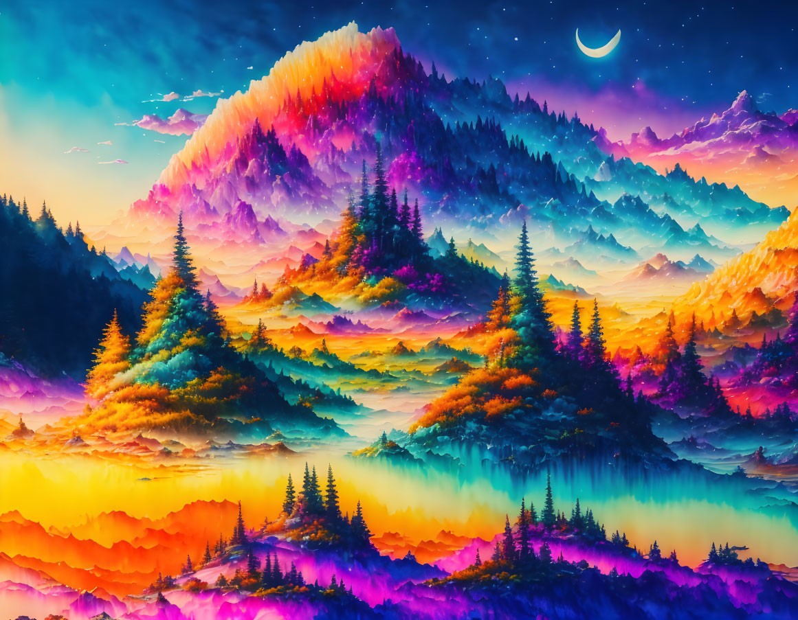 Colorful, surreal landscape with layered mountains, trees, lake, and starry sky.