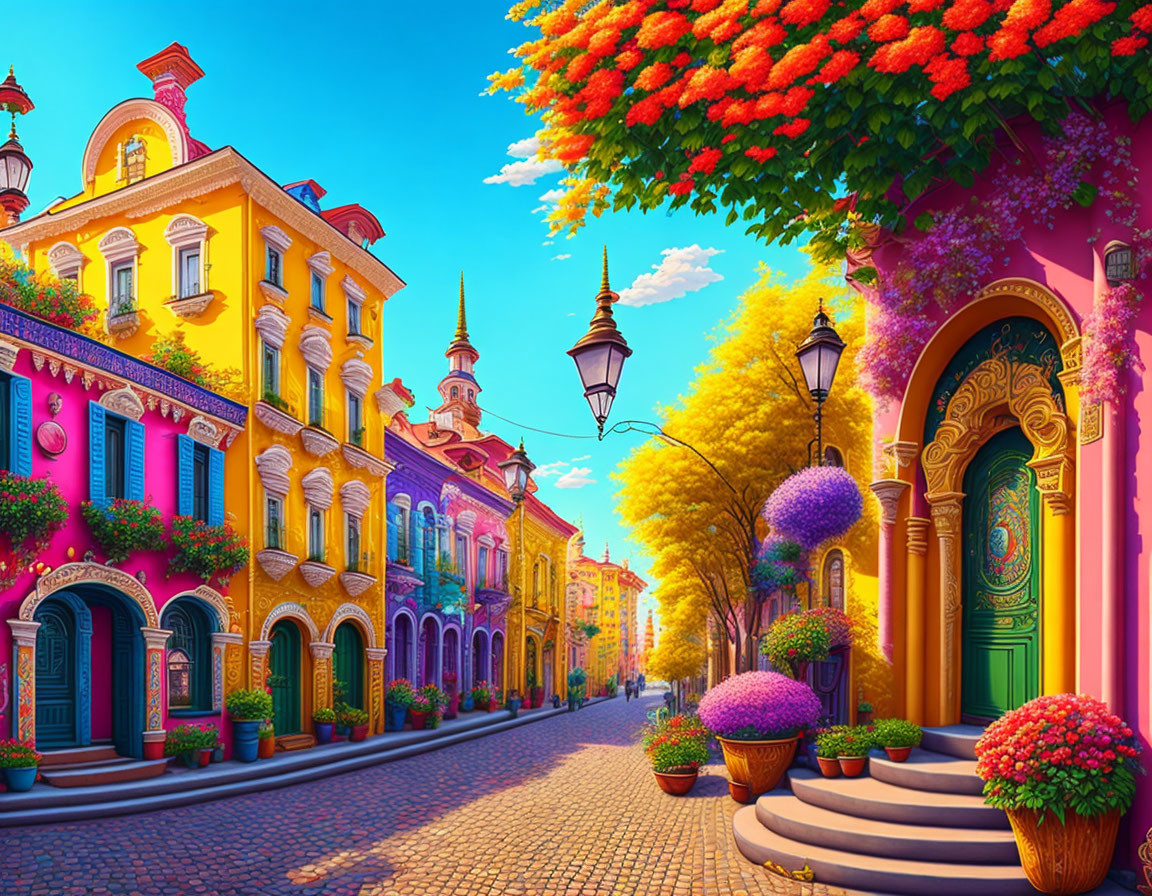 Colorful Street Scene with Blooming Flowers and Ornate Street Lamps