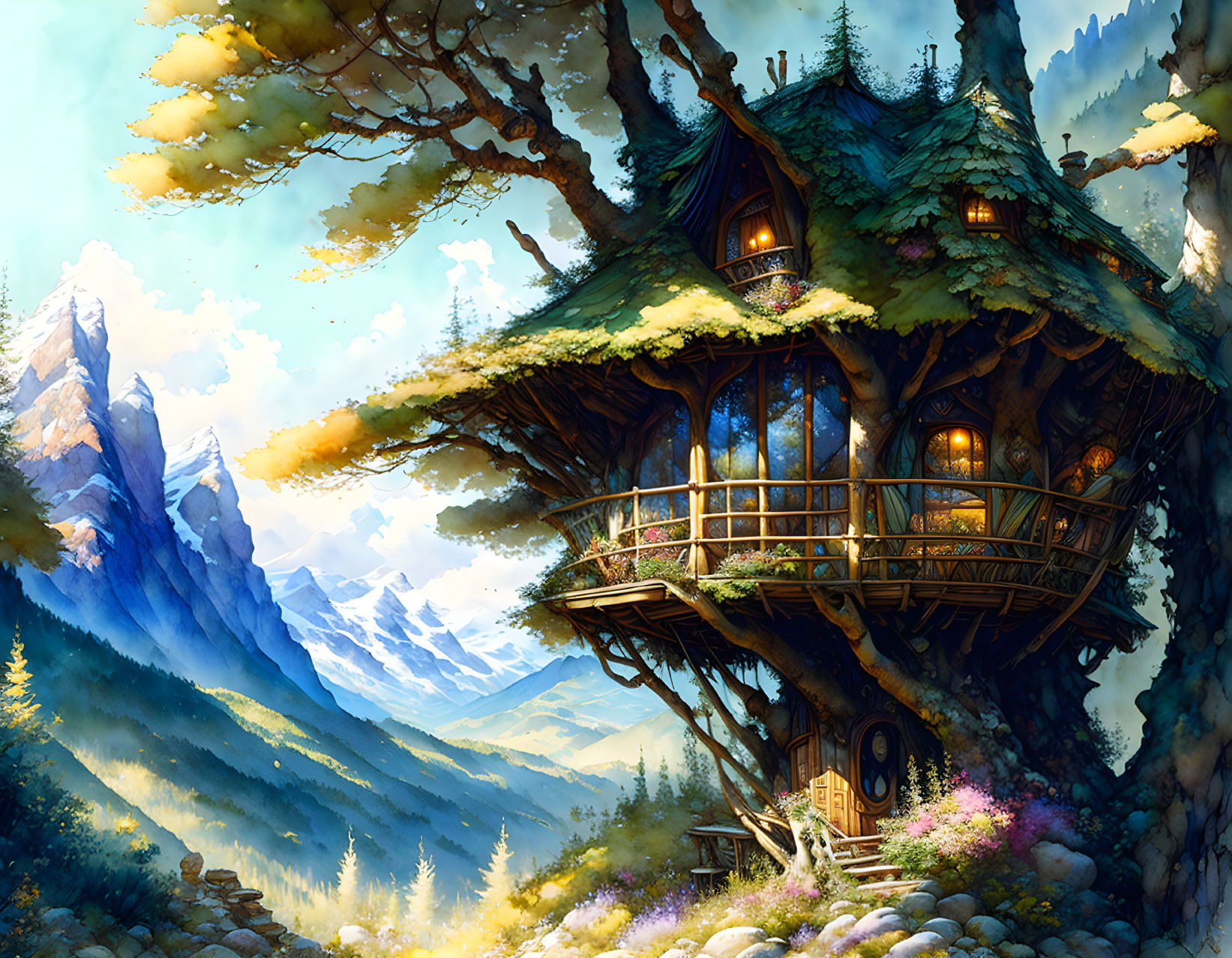 Treehouse in lush forest with multiple windows, mountains, clear sky