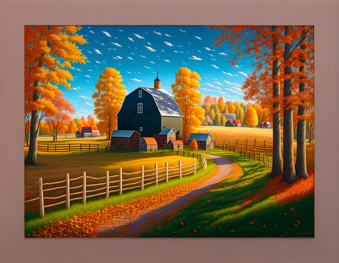 Rural autumn landscape with barn, orange trees, winding path, warm sunlight, and clear blue sky